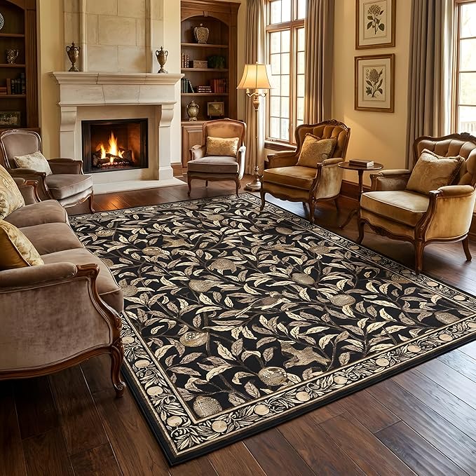 GarveeHome Boho Leaf Rugs for Bedroom, 5x7 Area Rugs for Living Room with Soft Low Pile, Non Slip Botanical Bird 5x7 Washable Rug for Dining Stain Resistant Indoor Brown Carpet for Playroom Dorm