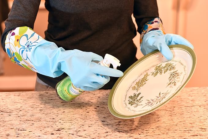 Household Gloves Latex-Free, 15" Long Cuff, Soft Lining, Adjustable Strap, Multi-Layer Protection, Flexible, Comfortable, Chemical-Resistant, Reusable for Cleaning, Dishwashing, 4 Pair Small
