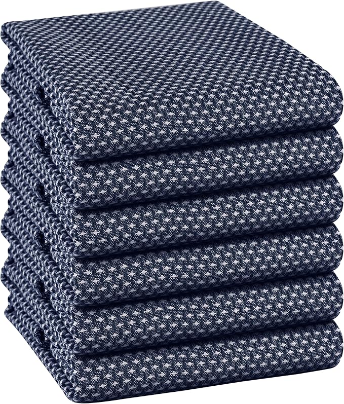 TWINY threads 6 Pack Kitchen Towels, 100% Cotton, 18x28 Inches, Highly Absorbent & Soft, Quick-Dry Dish Towel Set with Hanging Loop, Washcloth for Cleaning, Washable for Everyday Use - Navy Blue