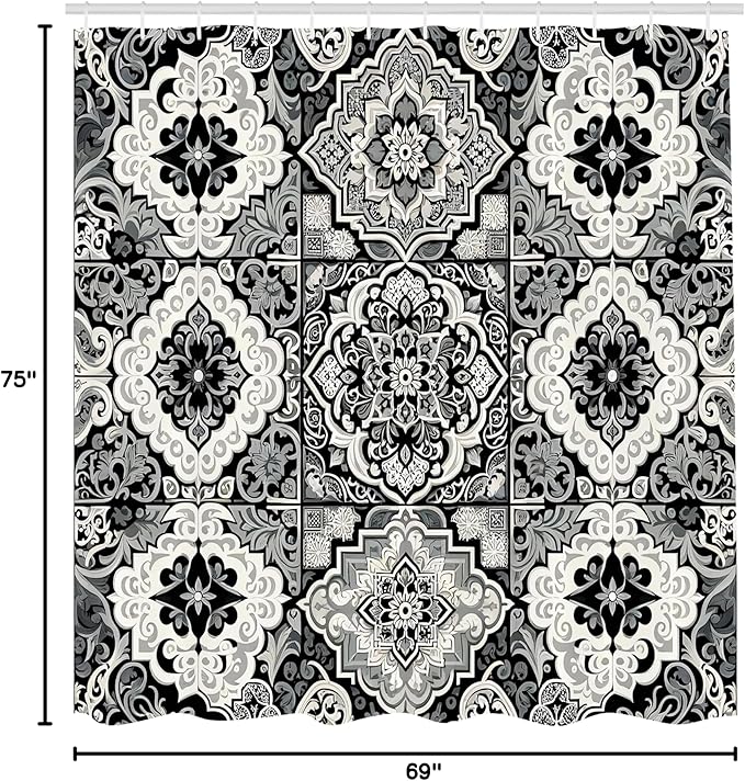 Ambesonne Grey Shower Curtain, Oriental Trippy Art with Moroccan Tile Pattern of Blooming and Curlicue Leaves, Cloth Fabric Bathroom Decor Set with Hooks, 69" W x 75" L, Off White Dimgray