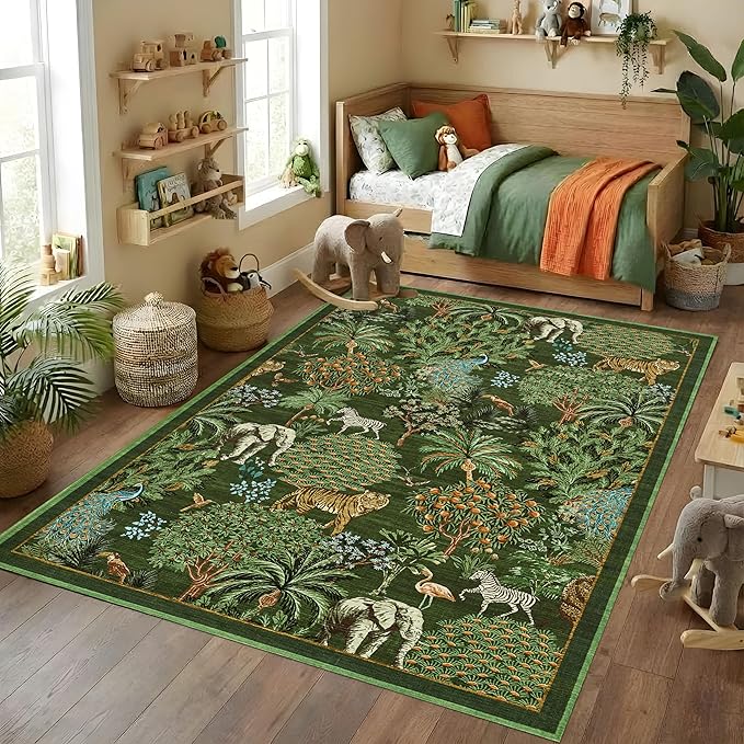 GarveeHome Jungle 8x10 Area Rug Washable Rugs for Living Room, Forest Rug Non Slip Low Pile Soft Indoor Stain Resistance Animal Print Carpet for Bedroom Dining Room Playroom Nursery, Dark Green