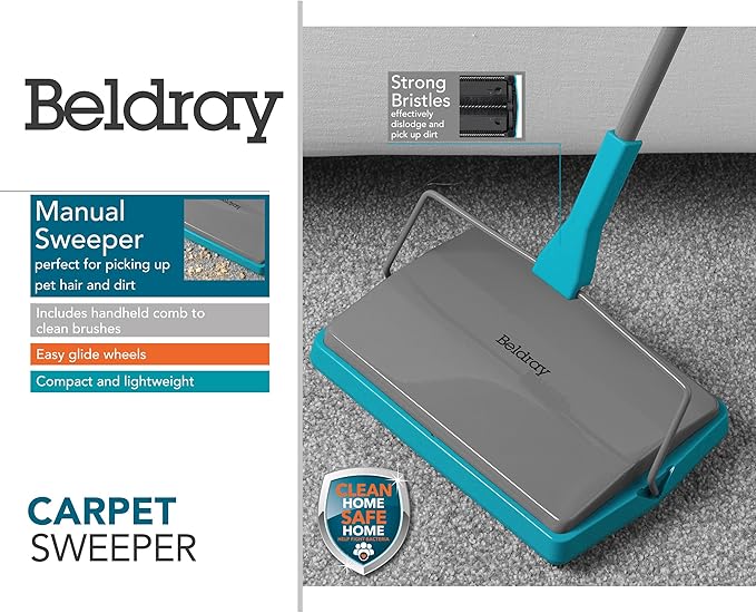 Beldray Manual Carpet Sweeper - Includes Cleaning Comb for Bristles, Lightweight Cordless Floor Cleaner, Pet Fur Remover, Easy Use, Thin & Compact, Suitable for Rugs & Hard Indoor Floors