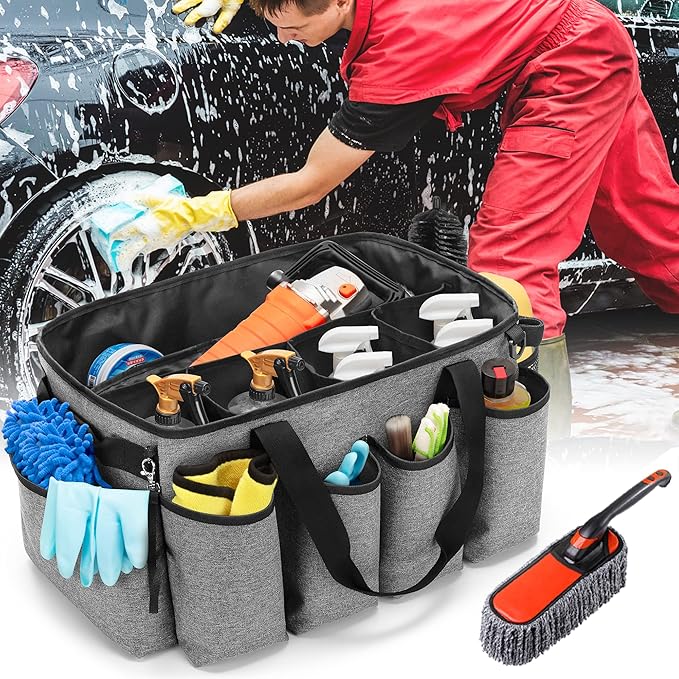 Detailing Bag with Polisher Carry Bag, Large Detail Car Care Box for Auto Detailing Supplies, Car Wash Caddy & Trunk Organizer for Buffer Bottle Towel & Cleaning Kit, Gray, Patent Design
