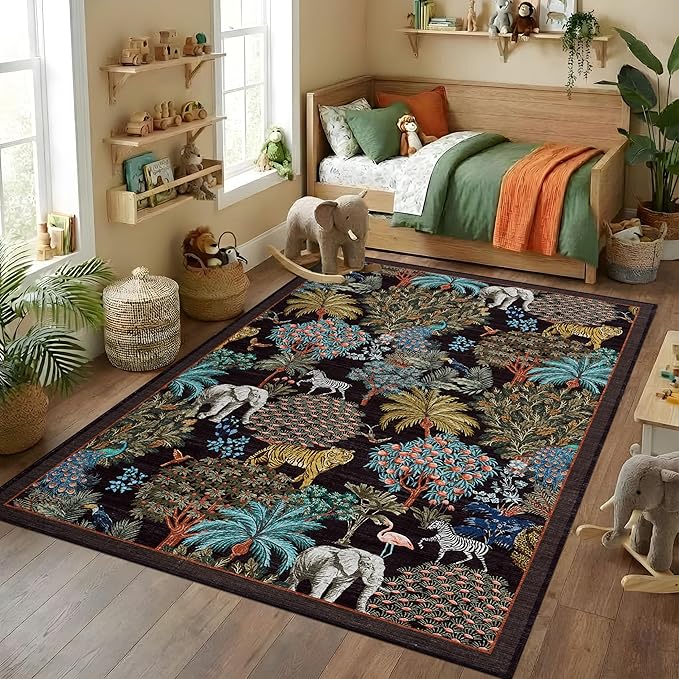 GarveeHome Jungle Animal Print Rug 3x5 Washable Area Rugs for Living Room, Forest Rug Non Slip Soft Low Pile Stain Resistance Throw Carpet for Bedroom Kids Playroom Nursery Black