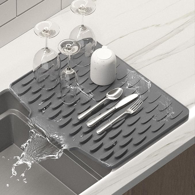 Silicone Dish Drying Mat for Kitchen Counter or Sink with Built-in Drain Lip, Non-Slip Quick Drying Mat, Easy to Clean, Heat Resistant Drying Matt, 15.7" x 13", Grey
