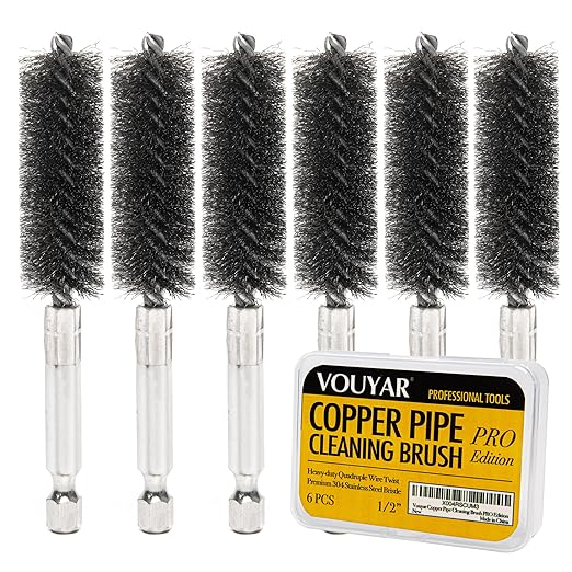 Quadruple Wire Twist Professional ID Copper Tube Pipe Cleaner for Fittings 6pcs, 1/2” Pipe Cleaning Brush Set, Stainless Steel Wire Bore Brushes for Power Drill, 1/4 Inch Hex Shank