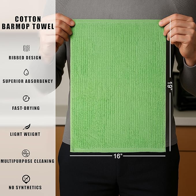 Textila Bar Mop Towels - 16x19 Inches - Pack of 12 - Apple Green - Cotton Dish Cloths & Cleaning Towels for Kitchen, Bar, Restaurant, Household Use – Absorbent, Durable, Reusable