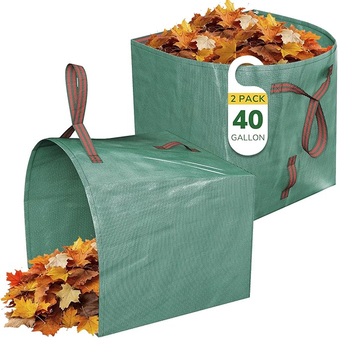 GreatBuddy Lawn Bag, 40 Gallon Yard Waste Bags, Heavy Duty PP Garden Leaf Bags for Leaves, Grass and Debris, Reusable & Foldable Leaf Collector with Handles, Wide Opening and Self-stand Design, 2 Pack