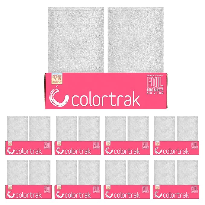 Colortrak Embossed Sheets Silver Aluminum Foil Pop-up Dispenser, 8 Boxes (8000 Pre-cut Sheets) Non-slip Textured Silver 5 x 11 Sheets for Hair Foil Coloring and Highlighting Sheet Applications