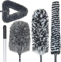 Feather Duster Kit with 5.6ft Extension Pole, 4 Dusting Brush for Cleaning Home Wall Ceiling Fan Cobweb, Microfiber Static Washable Dusters, Black Dark Gray
