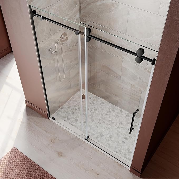 56-60 Inch x 76 Inch Sliding Frameless Shower Door, 3/8" Tempered Glass with Easy-Cleaning Coating, Stainless Steel Rollers & SGCC-Certified Stability, Matte Black