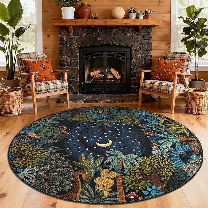 GarveeHome Round Area Rugs 6ft for Bedroom, Green Jungle Washable Circle Rug Soft Non Slip Forest Animal Print Floor Mat Tiger Carpet Indoor Thin Rug for Living Room Dining Room Playroom Nursery