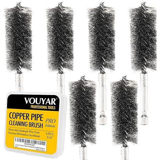 Quadruple Wire Twist Professional ID Copper Tube Pipe Cleaner for Fittings 6pcs, 3/4” Pipe Cleaning Brush Set, Stainless Steel Wire Bore Brushes for Power Drill, 1/4 Inch Hex Shank
