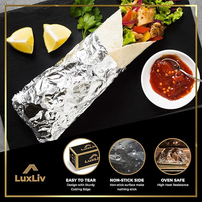 Aluminum Heavy Duty Tin Foil Roll – 12 inch wide x164 ft Length,161 sq ft – Commercial Grade & Extra Thick, Strong Enough for Food Service Industry with cutter - LuxLiv®