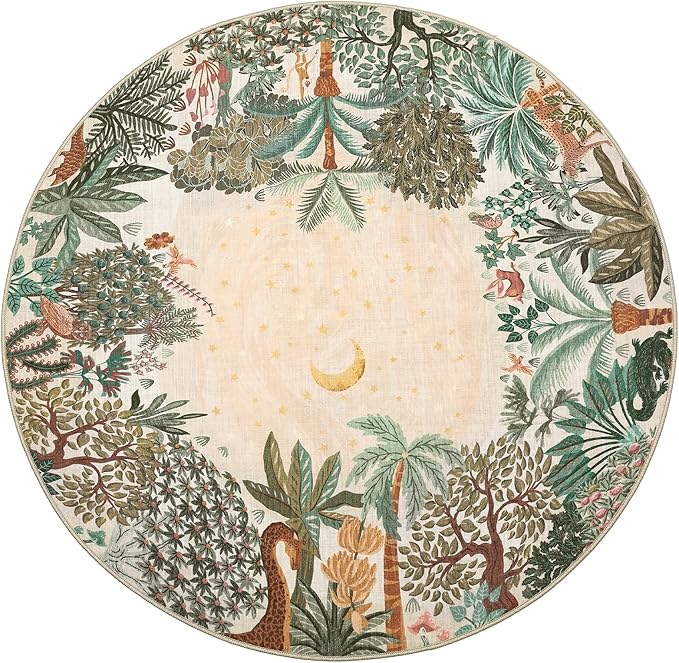 GarveeHome Round Area Rugs 6ft for Bedroom, Beige Jungle Washable Circle Rug Soft Non Slip Forest Animal Print Floor Mat Tiger Carpet Indoor Thin Rug for Living Room Dining Room Playroom Nursery
