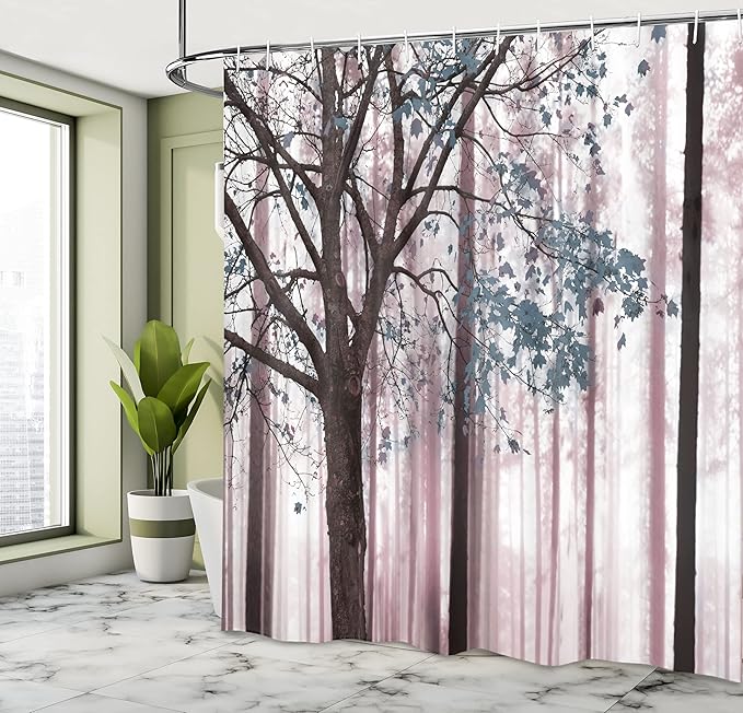 Ambesonne Autumn Shower Curtain, Rustic Fall Country Themed Tree Leaves on an Abstract Woodland Background Print, Cloth Fabric Set with 12 Hooks for Farm House Bathroom Decor, 69" W x 84" L, Grey Pink