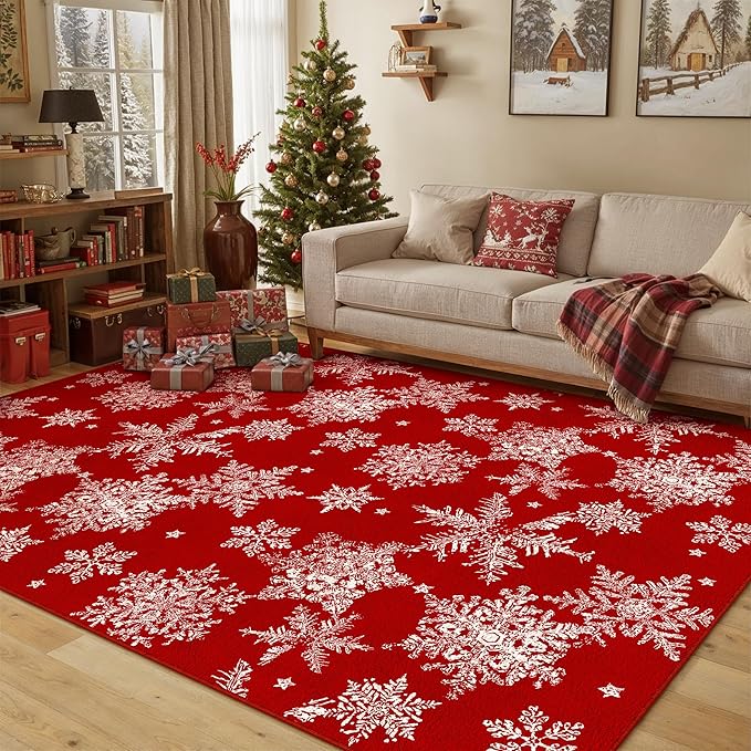 Red Area Rug 5x7 Christmas Living Room Carpet Snowflake Washable Kitchen Mat Xmas Holiday Decor Non Slip Entryway Carpet Indoor Accent Rug Decorative for Dining Room Bathroom