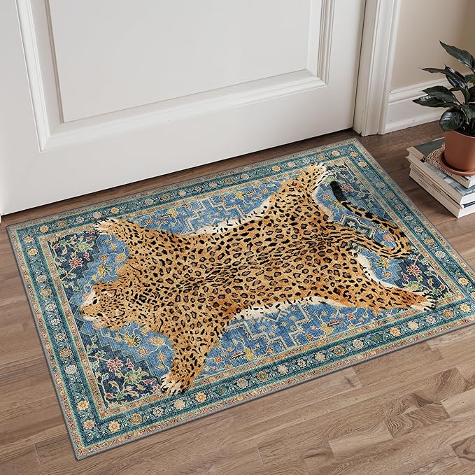 Bavni 2x3 Leopard Rug, Machine Washable Cheetah Door Mat,Soft Animal Small Boho Rugs Non Slip Low Pile Non-Shedding Throw Indoor Print Woodland Jungle Carpet for Entryway Front Door Bathroom,Blue