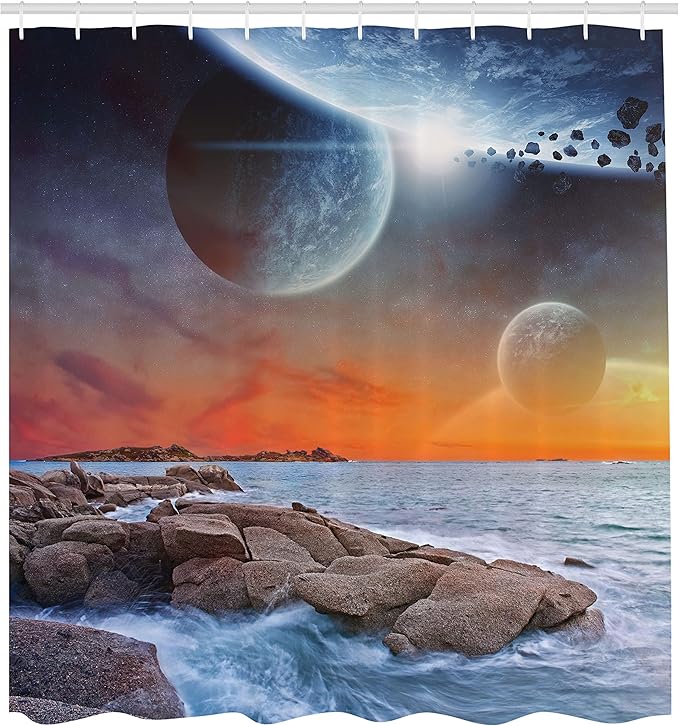 Ambesonne Galaxy Shower Curtain, Planet Landscape View from a Rocky Beach Ocean Science Theme Astro Art Illustration, Cloth Fabric Bathroom Decor Set with Hooks, 69" W x 84" L, Orange Umber