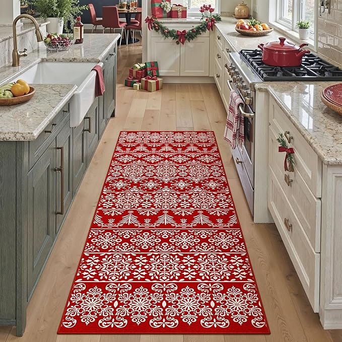 2x6 Runner Rug Red Christmas Hallway Carpet Xmas Holiday Decor Bedroom Carpet Snowflake Washable Non Slip Kitchen Mat Indoor Accent Rug Decorative Dining Room Laundry Room Living Room