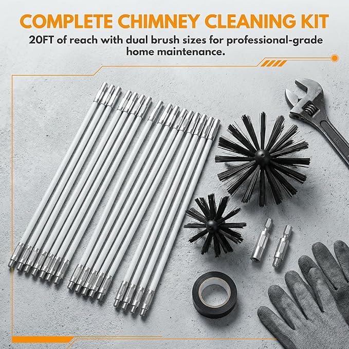 20feet Chimney Sweep Kit with 15 Flexible Rods, Dual Brush Heads (3. 9" & 5. 9") for Efficient Fireplace & Stove Pipe Cleaning, Professional Grade Soot Remover for DIY Home Maintenance