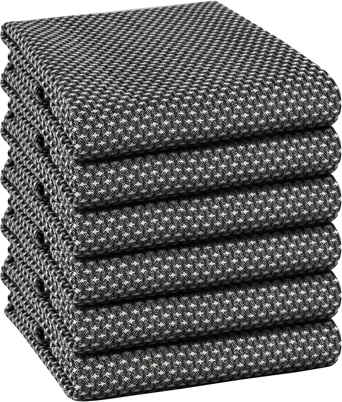 TWINY Threads Cotton Kitchen Towels, Set of 6, 18x28 Inches, Ultra Absorbent & Soft, Quick-Dry, Reusable Dish Cloths with Hanging Loop, Durable and Washable for Everyday Cleaning, Cooking, Black