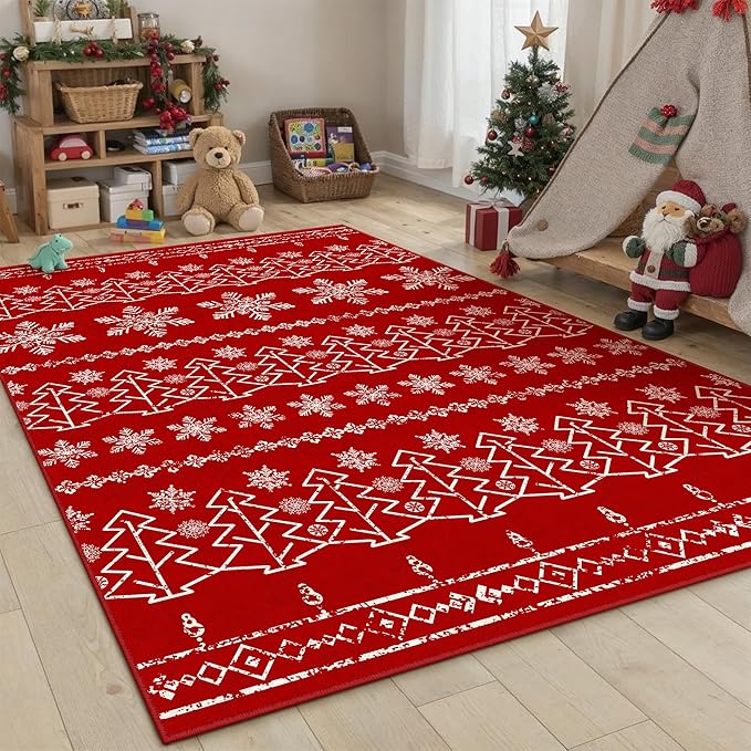 Christmas Area Rug 5x7 Red Washable Kitchen Carpet Xmas Snowflake Holiday Decor Indoor Throw Rug Decorative Living Room Non Slip Soft Low Pile Bedroom Dining Room Office Nursery Bathroom