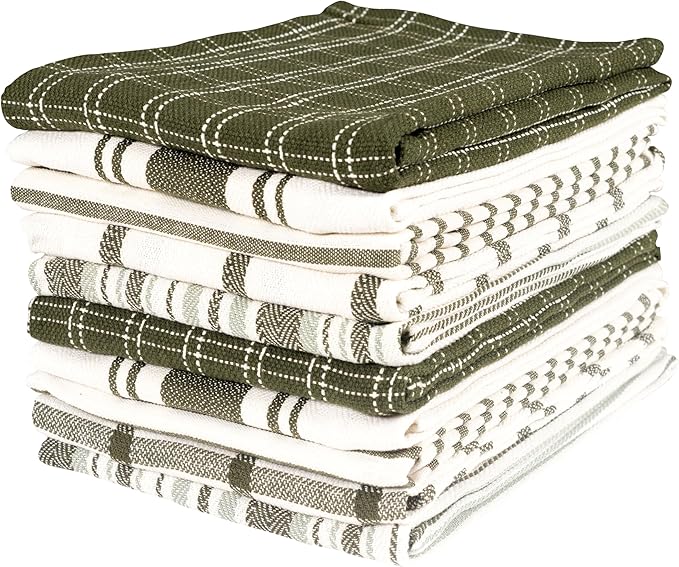 KAF Home Assorted Flat Kitchen Towels | 100% Cotton - 18 x 28 inches | Ultra Absorbent Soft Dish Towels | Perfect for Cooking, Cleaning, and Drying Hands (Olive, 10 Pack)