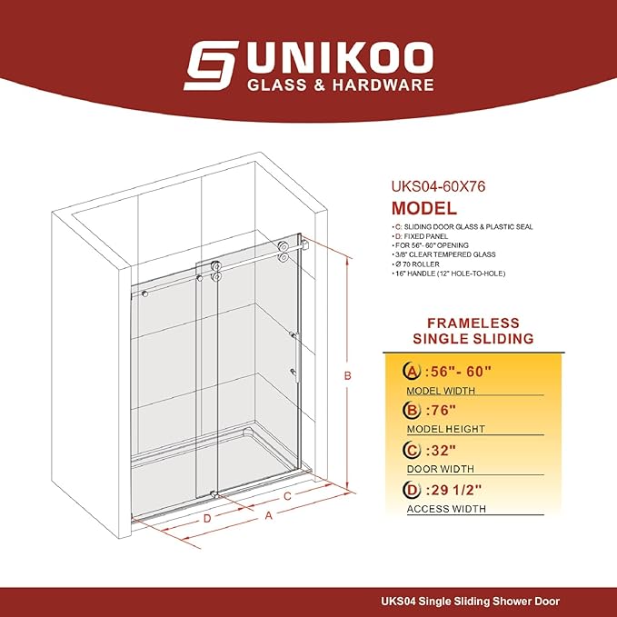 56-60 Inch x 76 Inch Sliding Frameless Shower Door, 3/8" Tempered Glass with Easy-Cleaning Coating, Stainless Steel Rollers & SGCC-Certified Stability, Space Gray