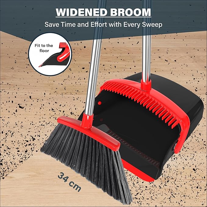 Broom and Dustpan Set 55", Long Adjustable Stainless Steel Handle, Upright, Large Size, Lightweight Broom with Dustpan Combo Set for Home Kitchen Office Lobby Indoor and Outdoor
