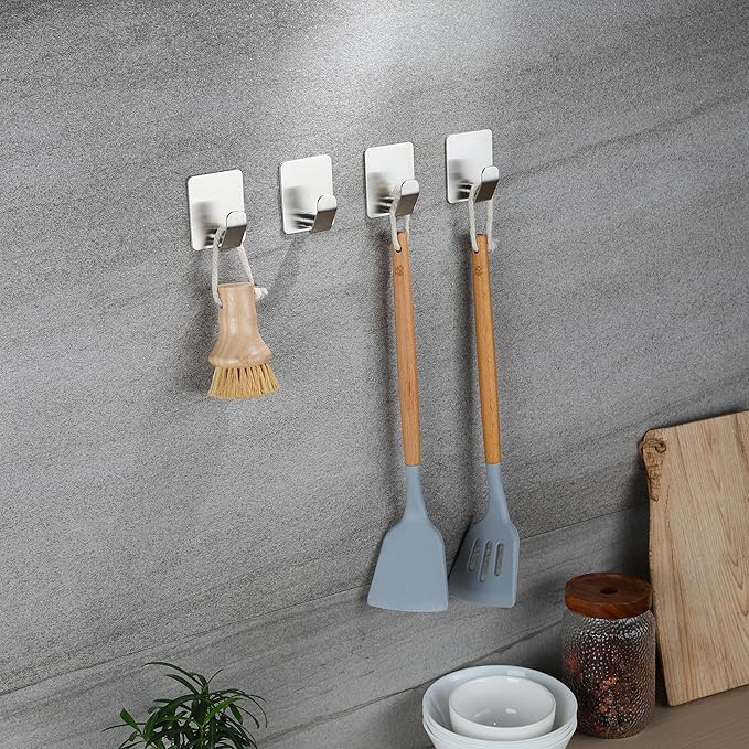 YIGII Adhesive Towel Hooks, Strong Stick on Bathroom Hooks for Robe and Coat, Stainless Steel Wall Hook for Kitchen and Bedroom, 4 Pack
