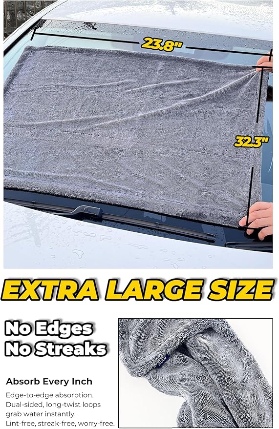 SHSCLY Dual-Sided Microfiber Car Drying Towel – Professional Control, Streak-Free Finish, No Dragging or Heavy Feel, Safe for Paint, Glass & Coatings (26.8" × 32.3")
