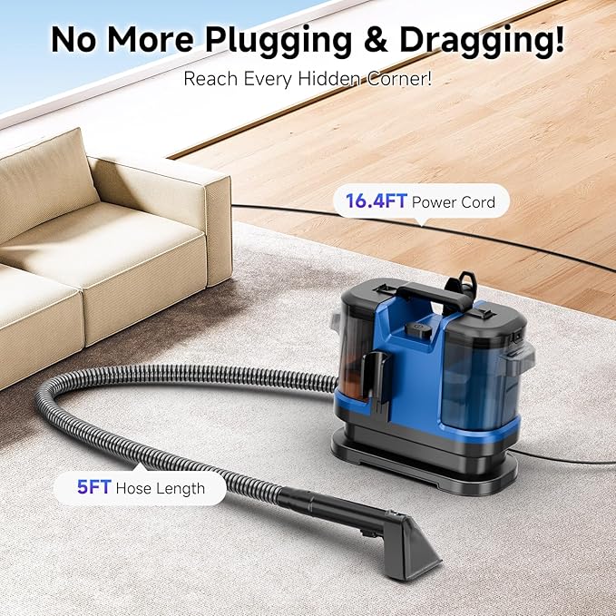 Portable Carpet & Upholstery Cleaner Machine, Handheld Spot Cleaner with Dual Brush, 18KPa Suction, Large Removable Tank for Couch, Car, Stairs, Rugs & Pet Stains, Blue