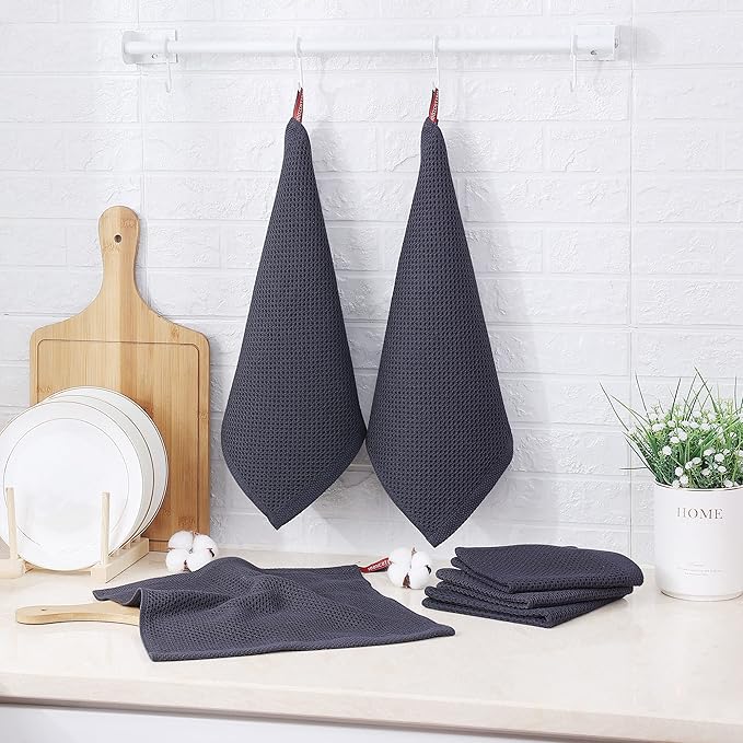 Kitinjoy 100% Cotton Kitchen Dish Cloths (12 X 12 Inches, Dark Grey), 6 Pack Waffle Weave Ultra Soft Absorbent Dish Towels for Drying Dishes Quick Drying Kitchen Towels Dish Rags