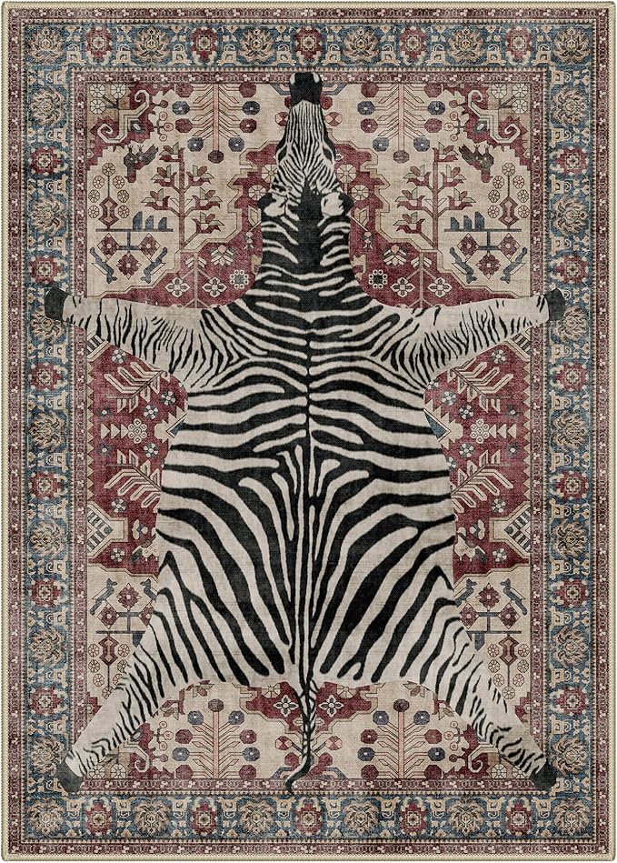Bavni 5x7 Zebra Rug, Machine Washable Animal Print Low Pile Boho Carpet, Non-Slip Non-Shedding Pet Friendly Rug for Living Room Playroom Nursery Bedroom Entryway, Red