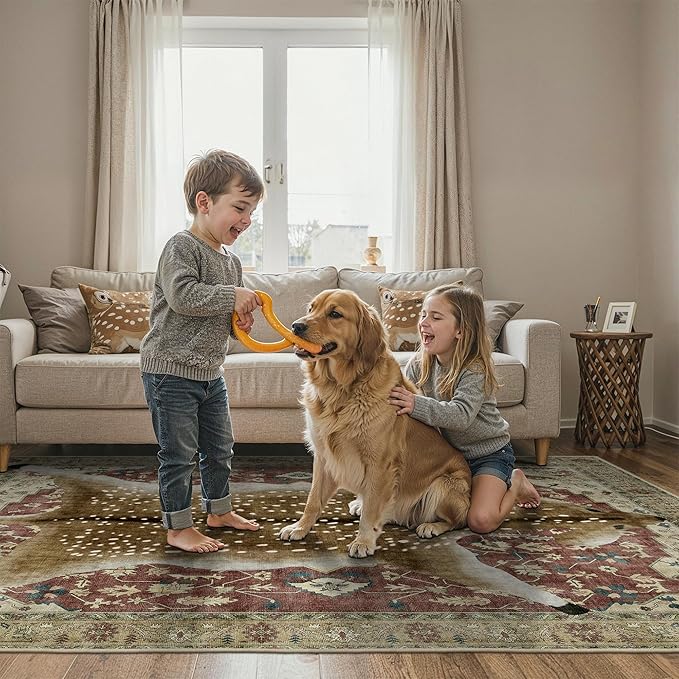 Bavni 5x7 Deer Rug, Machine Washable Animal Print Low Pile Boho Carpet, Non-Slip Non-Shedding Pet Friendly Rug for Living Room Playroom Nursery Bedroom Entryway, Red Yellow