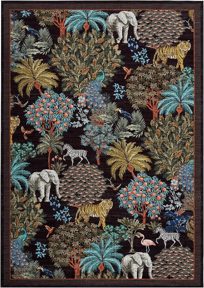 GarveeHome Jungle Animal Print Rug 3x5 Washable Area Rugs for Living Room, Forest Rug Non Slip Soft Low Pile Stain Resistance Throw Carpet for Bedroom Kids Playroom Nursery Black