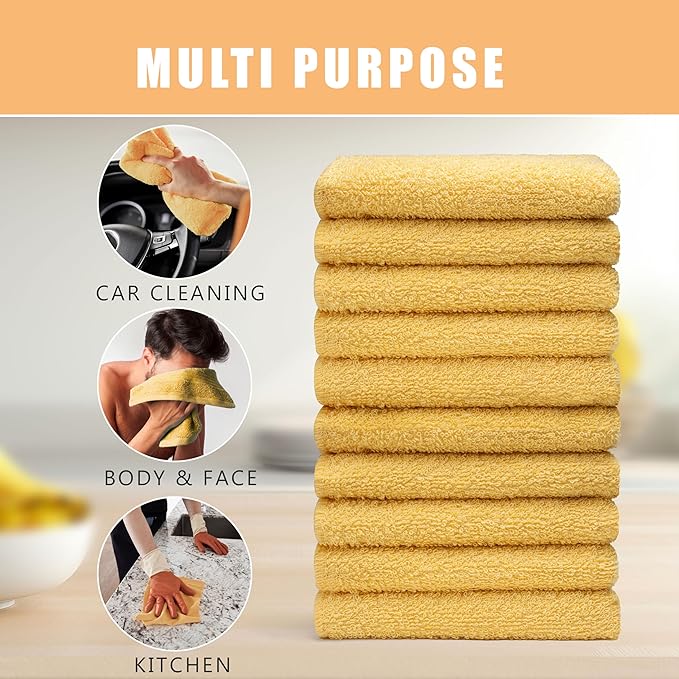 Textila Terry Wash Cloths – Pack of 10, Warm Yellow, 12x12 Inches – Soft, Absorbent & Multipurpose Cotton Washcloths for Face, Hand, Bath, Kitchen, Spa, Gym & Hotel Use