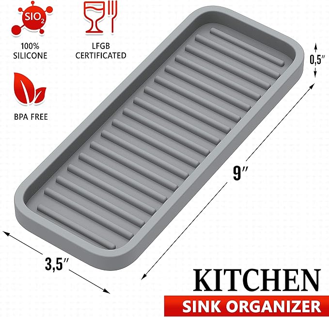 ZAPPOWARE Silicone Kitchen Sink Caddy Sponge Holder 9x3.5 (1-pack) Gray - Bathroom Vanity Tray Organizer, Soap Tray for Dish Scrubber, Soap Dispenser