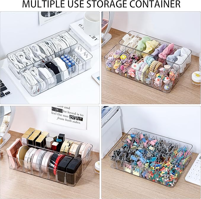 Clear Cable Cord Organizer Box, Adjustable Desk Drawer Storage Case for Home Office Supplies, Battery and Cell Phone Charger, Plastic Art Crafts Container