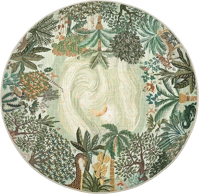 GarveeHome Round Area Rugs 8ft for Living Room, Large Green Jungle Washable Circle Rug Soft Non Slip Forest Animal Print Floor Mat Tiger Carpet Indoor Thin Rug for Bedroom Dining Room Playroom Nursery