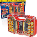 Ontel Battery Daddy Storage & Organizer Case w/Tester, Stores & Protects Up to 180 Batteries, Double-Sided, Clear Locking Lid, Secure Latches & Portable Carrying Handle - Red (Batteries Not Included)