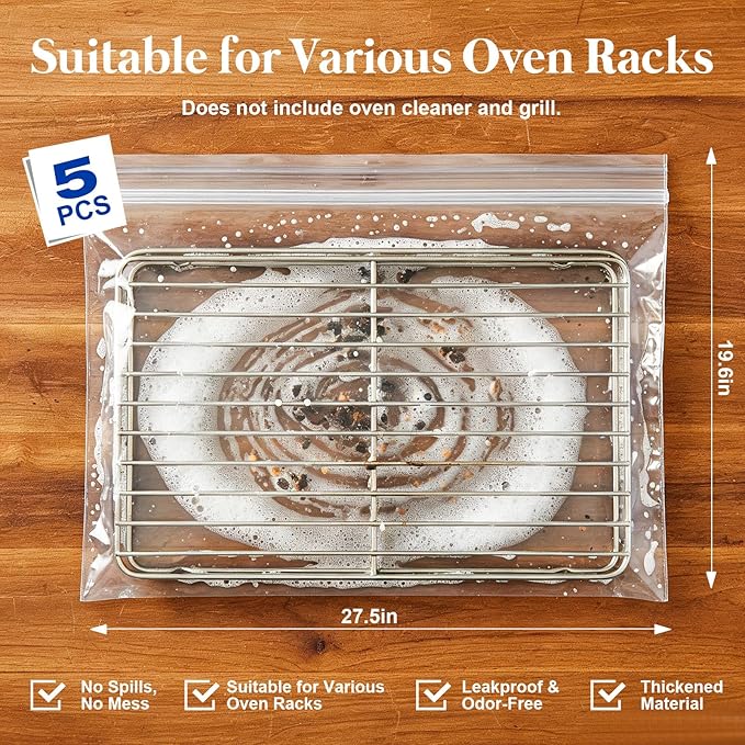 Oven Rack Cleaning Bags 19.6 x 27.5 Inch, 5 Pack Heavy-Duty No-Scrub Oven & Grill Soaking Bags with Side Zipper Opening, Reusable Leak-Resistant Cleaning Pouches