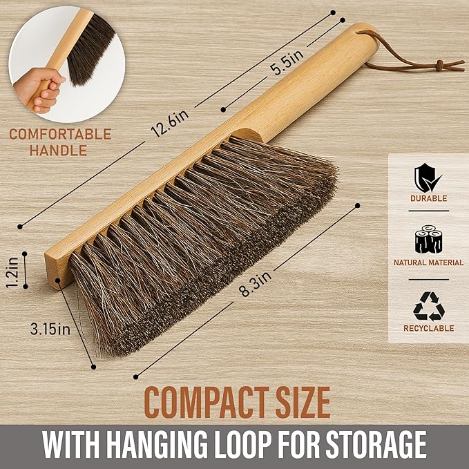 Takavu Multi-Purpose Counter Brush with Solid Wood Handle, Natural Horsehair Bristles for Gentle Dusting of Furniture, Drafting, Patio, Fireplace Cleaning, Shop Brush, Woodworking Tool & Accessories