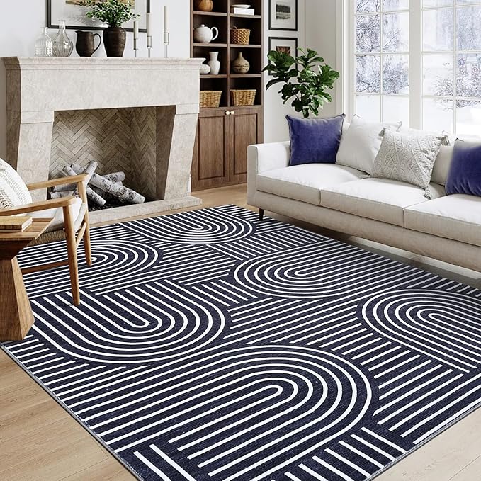 Washable Rug 5x7 Area Rugs for Living Room, Abstract Rug for Bedroom, Soft Rainbow Non Slip Throw Rugs with Rubber Back, Low Pile Stain Resistant Boho Geometric Carpet for Dining Room, Blue