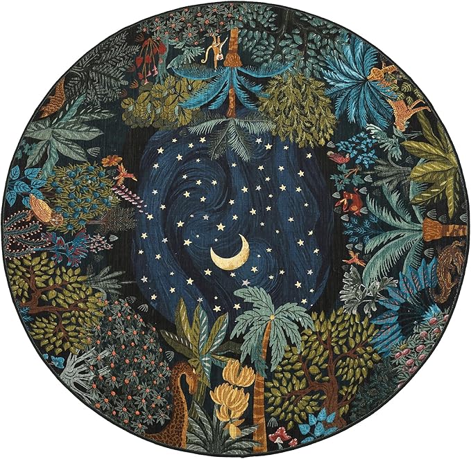 GarveeHome Round Area Rugs 6ft for Bedroom, Green Jungle Washable Circle Rug Soft Non Slip Forest Animal Print Floor Mat Tiger Carpet Indoor Thin Rug for Living Room Dining Room Playroom Nursery