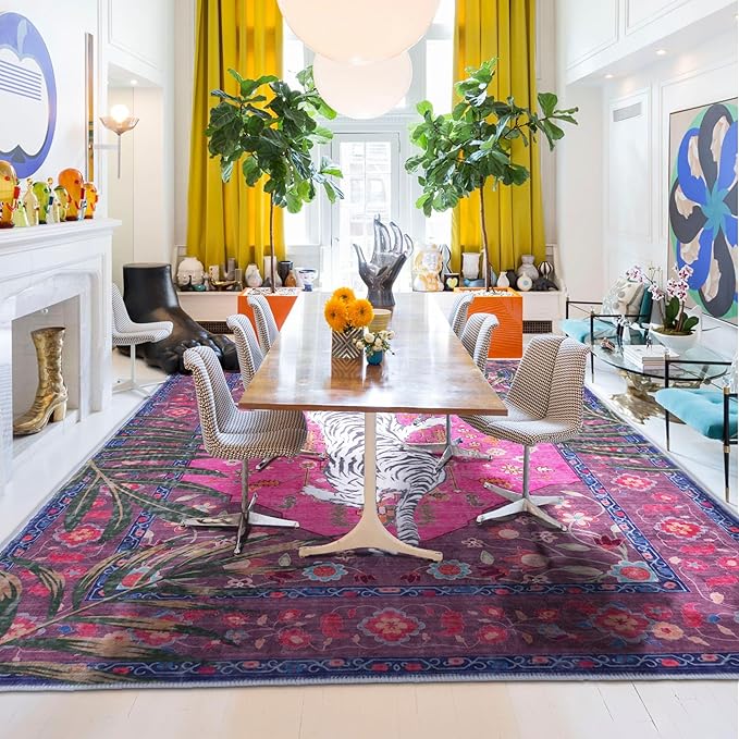 8x10 FT Leopard Rug for Living Room Hot Pink Leopard Vintage Animal Rug Aesthetic Pink Rugs for Girls Room Nursery Bedroom Home Office Dorm Thin Bright Magenta Carpet (Hot Pink, 10X8 FT)