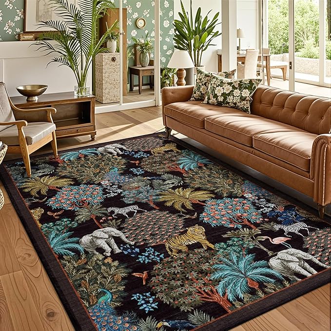 GarveeHome Jungle Animal Print Rug 5x7 Washable Area Rugs for Living Room, Forest Rug Non Slip Low Pile Stain Resistance Large Throw Carpet for Bedroom Dining Room Kids Playroom Nursery, Black