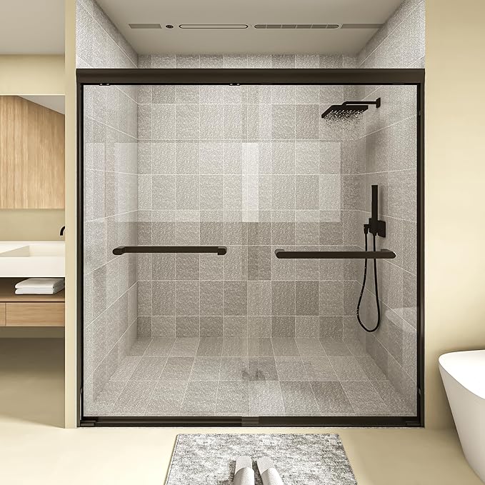 56-60x60 Inch Semi-Frameless Double Sliding Shower Door with Anti-Rust SGCC Steel Frame,1/4 Inch (6mm) Clear Tempered Glass for Walk-in Shower,Black
