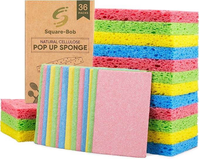 Compressed Non-Scratch Kitchen Sponges - Highly Absorbent for Dishes, Countertop, Sink, Car - Biodegradable, Quick Drying Cellulose Sponges - Assorted Colors (Pack of 36)